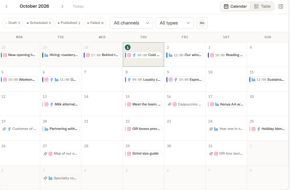 Jehona content calendar: a month of posts across Instagram, Facebook and LinkedIn, with drafts, scheduled and published posts and AI ideas