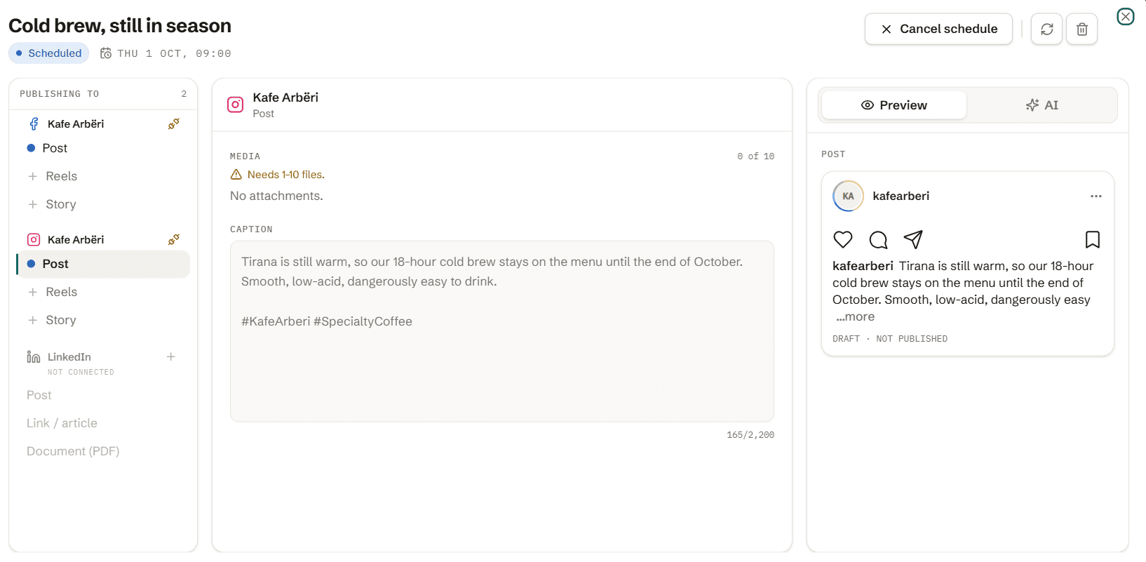 Jehona post editor: one scheduled post published to Facebook and Instagram, with its caption and a live Instagram preview