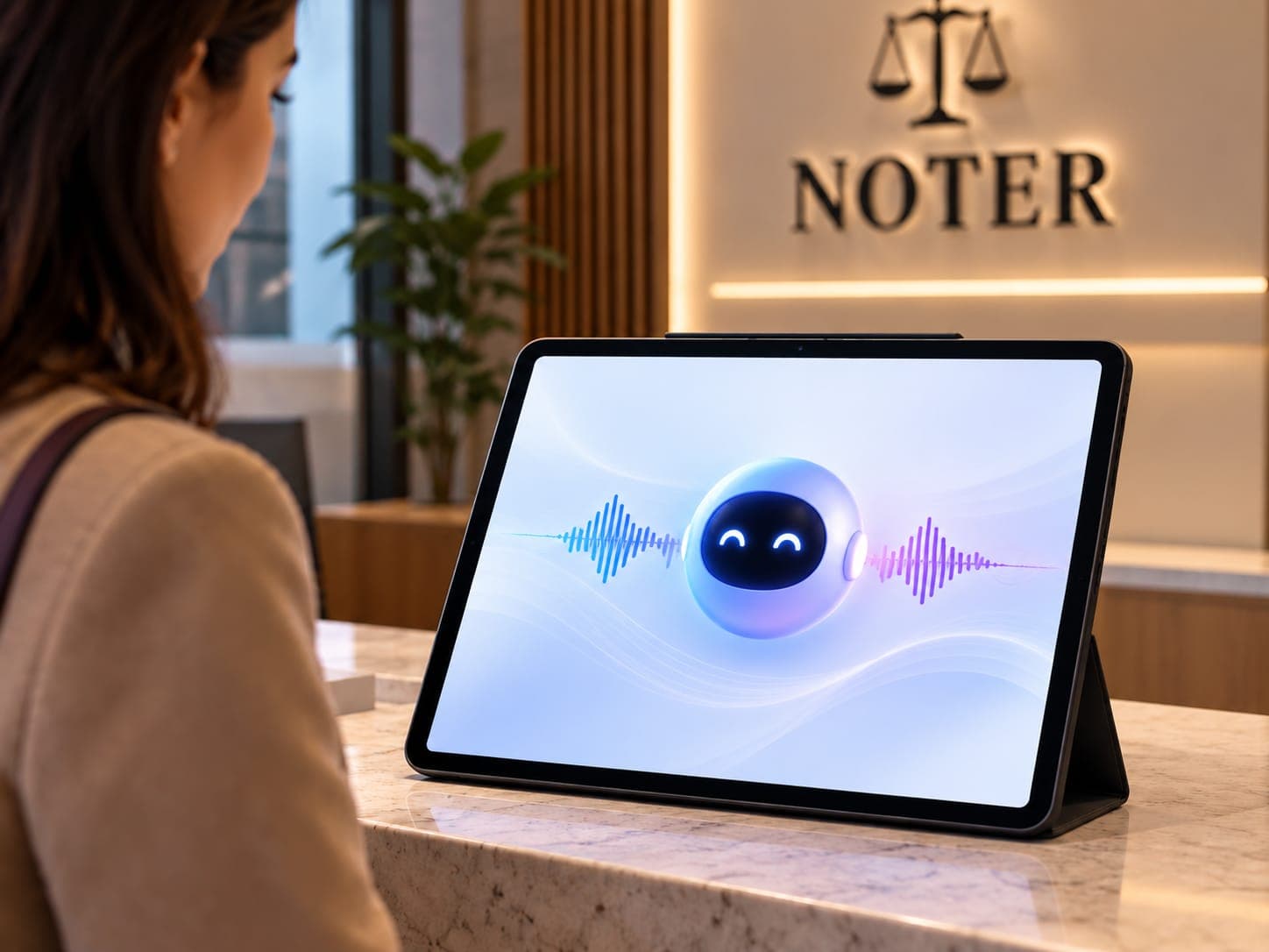 Illustration: a citizen speaking to the Notary Copilot tablet at a notary office reception