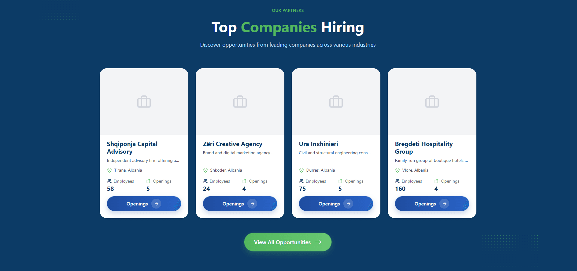 StazhLink companies hiring: company cards with city, employees, open internships and an Openings button