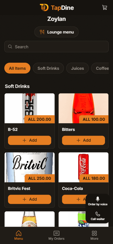 Guest menu on a phone
