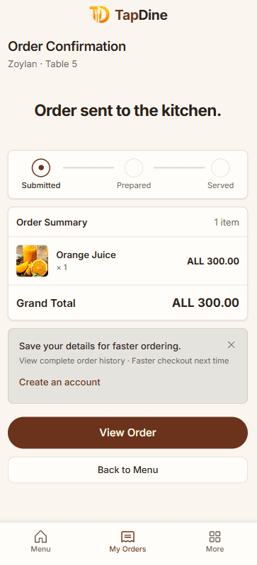 TapDine order confirmation on the phone: order sent to the kitchen, with its progress