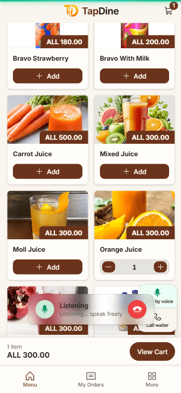 TapDine guest menu on the phone with voice ordering listening