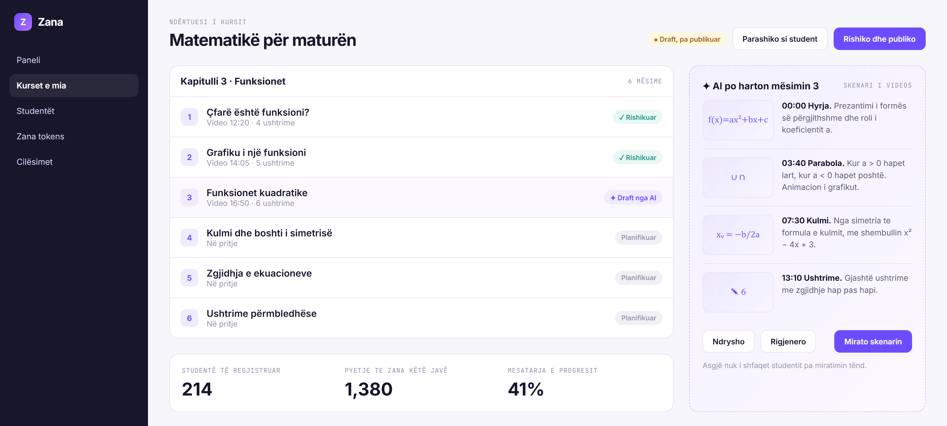 The Zana AI course builder: lessons reviewed or drafted by AI, and an AI-drafted video script waiting for the course owner's approval